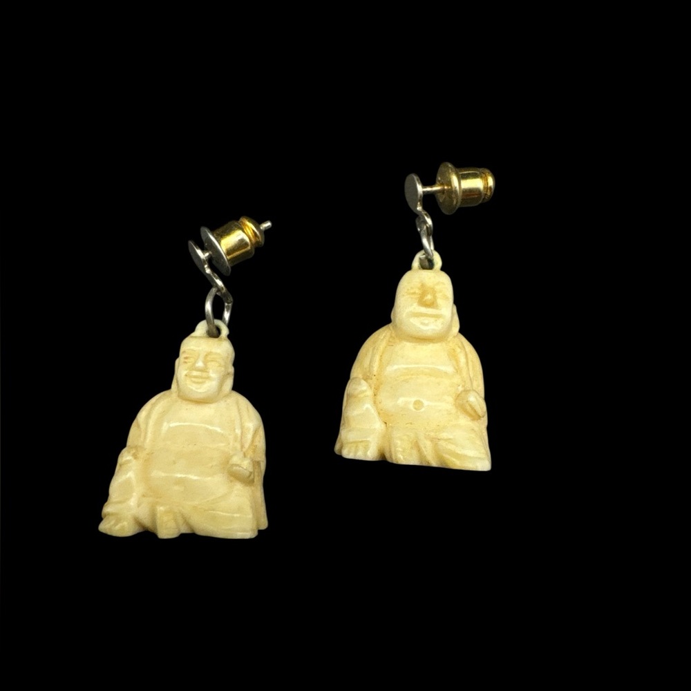 Vintage Ivory Bone Buddha Dangle Earrings 3/4”